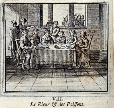 Das Lachen und die Fische. Fabeln von Jean de La Fontaine. Illustration von François Chauveau. Ausgabe von 1728. von Francois Chauveau