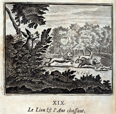 Der Löwe und der Esel auf der Jagd. Fabeln von Jean de La Fontaine (1621-95). Illustration von François Chauveau (1613-1676). Ausgabe von 1728. von Francois Chauveau