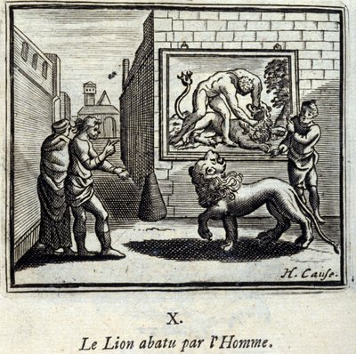 Der von einem Mann erschossene Löwe. Fabeln von Jean de La Fontaine (1621-95). Illustration von François Chauveau (1613-1676). Ausgabe von 1728. von Francois Chauveau