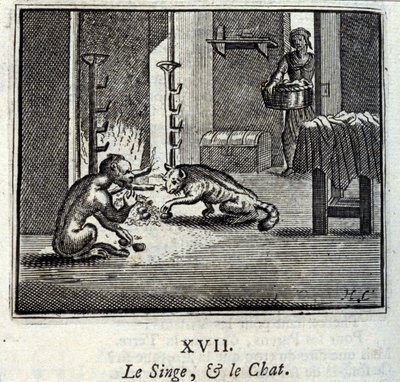 Der Affe und die Katze. Fabeln von Jean de La Fontaine. Illustration von François Chauveau. Ausgabe von 1728. von Francois Chauveau
