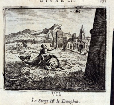 Der Affe und der Delfin. Fabeln von Jean de La Fontaine. Illustration von François Chauveau. Ausgabe von 1728. von Francois Chauveau
