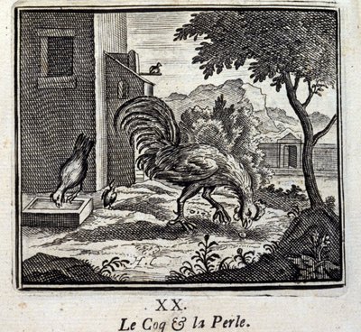 Der Hahn und die Perle. Fabeln von Jean de La Fontaine (1621-95). Illustration von François Chauveau (1613-1676). Ausgabe von 1728. von Francois Chauveau