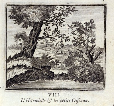 Die Schwalbe und die kleinen Vögel. Fabeln von Jean de La Fontaine. Illustration von François Chauveau. Ausgabe von 1728. von Francois Chauveau