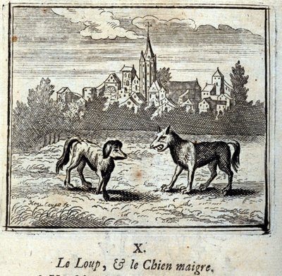 Der Wolf und der magere Hund. Fabeln von Jean de La Fontaine. Illustration von François Chauveau. Ausgabe von 1728. von Francois Chauveau