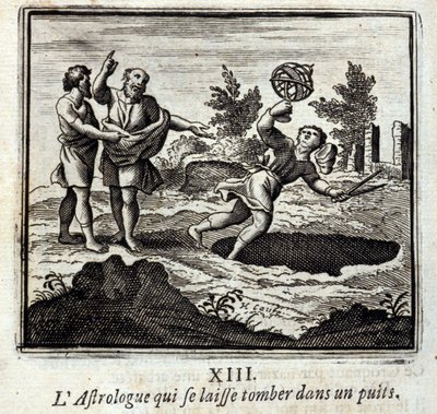 Der Astrologe, der in einen Brunnen fällt. Fabeln von Jean de La Fontaine. Illustration von François Chauveau. Ausgabe von 1728. von Francois Chauveau