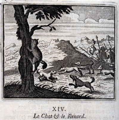 Die Katze und der Fuchs. Fabeln von Jean de La Fontaine. Illustration von François Chauveau. Ausgabe von 1728. von Francois Chauveau