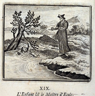 Das Kind und der Schulmeister. Fabeln von Jean de La Fontaine (1621-95). Illustration von François Chauveau (1613-1676). Ausgabe von 1728. von Francois Chauveau