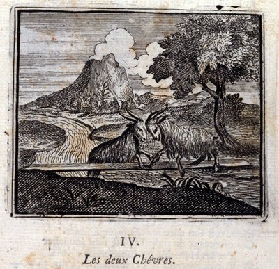 Die zwei Ziegen. Fabeln von Jean de La Fontaine. Illustration von François Chauveau. Ausgabe von 1728. von Francois Chauveau