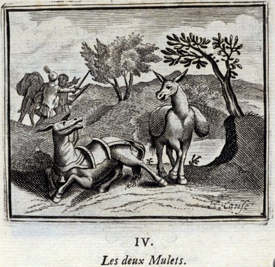 Die zwei Maultiere. Fabeln von Jean de La Fontaine (1621-95). Illustration von François Chauveau (1613-1676). Ausgabe von 1728 von Francois Chauveau
