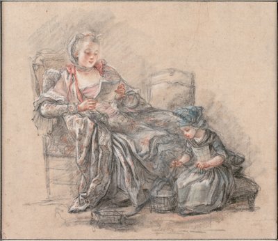 Frau liest und ein Mädchen spielt Marquise de Pompadour mit ihrer Tochter Alexandrine, ca. 1748 von Francois Guérin