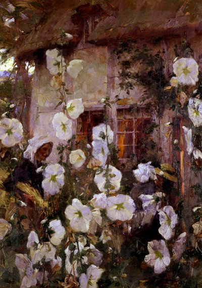 Ende des Tages, Frauen im Garten in der Dämmerung von Frank Bramley