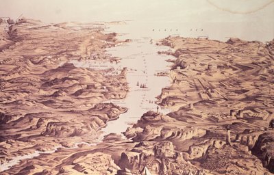 Panoramablick auf die Nord- und Südseiten des Hafens und Hafens von Sewastopol, entworfen und lithografiert von Thomas Packer, veröffentlicht von Stannard und Dixon, 1855 von Frank C. Hughes