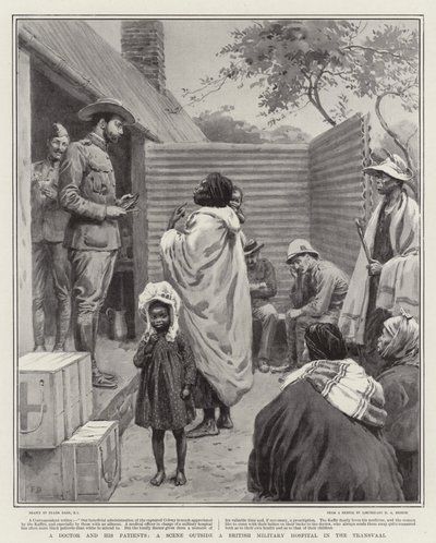 Ein Arzt und seine Patienten, eine Szene vor einem britischen Militärkrankenhaus im Transvaal von Frank Dadd