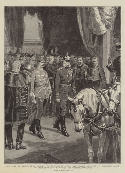 Der Herzog von Connaught in Ungarn, die Kaiser von Österreich und Deutschland und der Herzog von Connaught kurz vor dem Start von Guns, um die Militärmanöver zu beobachten von Frank Dadd