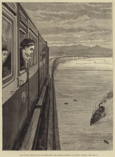 Die Rückkehr der Königin aus den Highlands, Ihre Majestät überquert die Tay-Brücke, Dundee von Frank Dadd