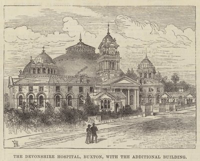 Das Devonshire Hospital, Buxton, mit dem zusätzlichen Gebäude von Frank Watkins