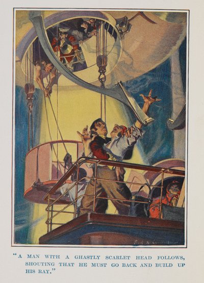 "Ein Mann mit einem schrecklichen Kopf folgt, rufend, dass er zurückgehen und seinen Strahl aufbauen muss" von Frank Xavier Leyendecker