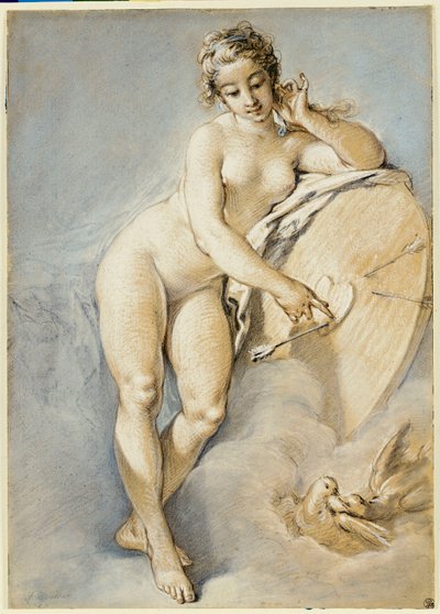 Venus stehend, zeigt auf ein Herz auf einer Zielscheibe mit zwei Tauben, 1754 von François Boucher