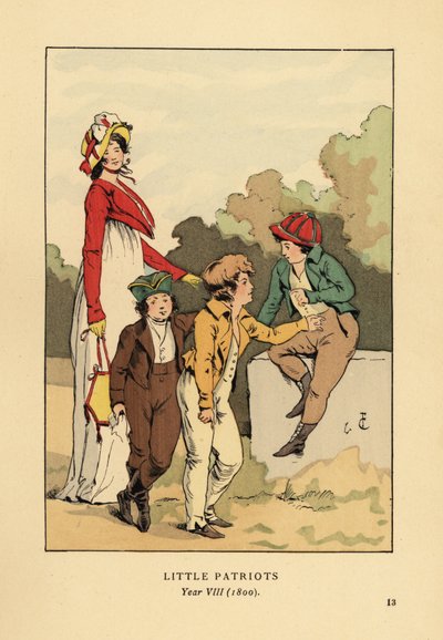 Jungen in Jacken und Kniehosen mit Merveilleuse im römischen Gewand mit Haube und Spencerjacke. Kleine Patrioten, Jahr VIII von François Courboin