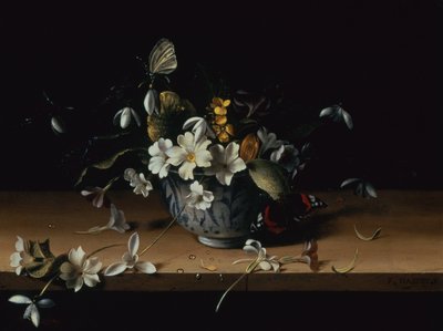 Blumen in einer blau-weißen chinesischen Porzellanschale mit einem Admiral-Schmetterling auf einer Holzleiste von François Habert