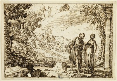Unidentifizierte mythologische Szene mit Mann und Frau im Gespräch in klassischer Landschaft von François Roëttiers