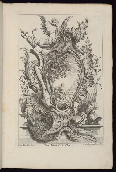 Kartusche mit einem Drachen und einem Wappentrophäe, Livre de Cartouches à divers usages (Buch der Kartuschen für verschiedene Verwendungen) von François de Cuvilliés the Elder