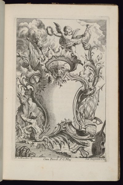 Kartusche mit einem Genius, Livre de Cartouches à divers usages (Buch der Kartuschen für verschiedene Verwendungen) von François de Cuvilliés the Elder