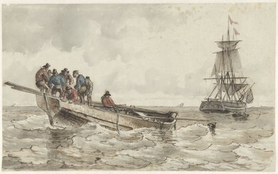 Acht Männer in einem Ruderboot bei einem Segelschiff von Frans Arnold Breuhaus de Groot