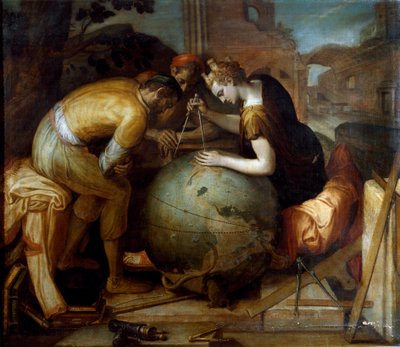 Geometrie. Allegorie und Personifikation der Geometrie, die einen Zirkel über einem Globus hält. Verschiedene geometrische Instrumente sind im Vordergrund angeordnet. von Frans Floris
