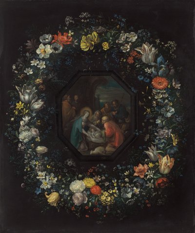 Blumengirlande mit Anbetung der Hirten von Frans Francken the Younger and Master HDB