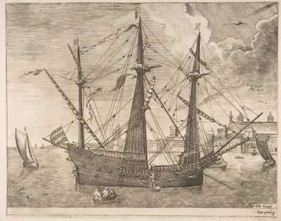 Bewaffneter Dreimaster vor Anker in der Nähe einer Stadt aus Die Segelschiffe, ca. 1555-56 von Frans Huys