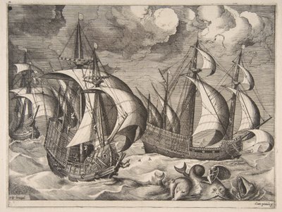 Drei Karavellen in einem aufkommenden Sturm mit Arion auf einem Delfin (1561-65) von Frans Huys