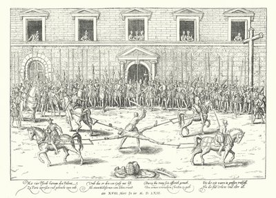 Hinrichtung von Jean de Poltrot für den Mord an Franz, Herzog von Guise, Paris, 1563 von Franz Hogenberg