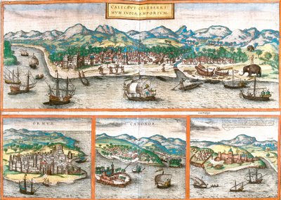 Ansichten von Kozhikode oder Calicut (Indien), Ormuz (Iran), Cannanore oder Kannur (Indien) und St. George of the Mine oder Elmina (Ghana) von Franz Hogenberg