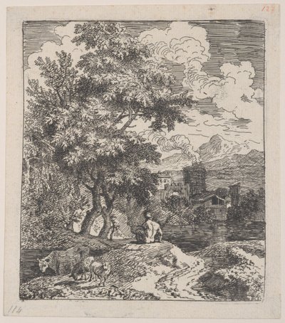 Hirte auf einem Hügel mit Kuh und Schafen von Franz Joachim Beich