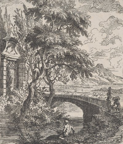 Tafel 7: zwei Figuren rechts, die im Begriff sind, eine Steinbrücke zu überqueren, ein Fischer im Vordergrund von Franz Joachim Beich