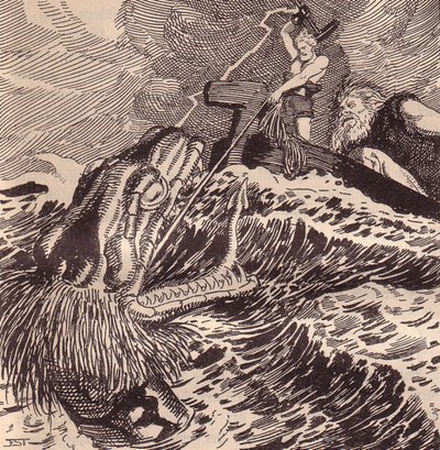 Thor und Hymir beim Angeln. Illustration für Die Edda: Germanische Götter und Helden von Hans von Wolzogen von Franz Stassen