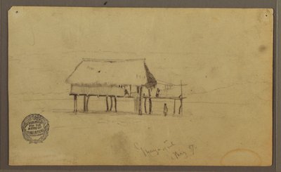 Zeichnung, Eine Hütte auf Pfosten, Guayaquil, Ecuador, Mai 1857 von Frederic Edwin Church