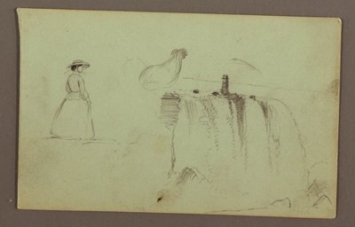 Gehendes Mädchen, hockendes Huhn und die American Falls am Niagara River von Frederic Edwin Church