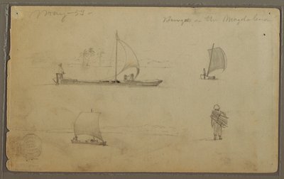 Bungoes: Skizzen von Segelbooten und Arbeitern, entlang des Rio Magdalena, Kolumbien, Mai 1853 von Frederic Edwin Church