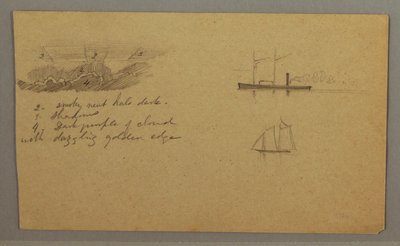 Zeichnung, Wolkenstudie, Dampfschiff, Segelboot, möglicherweise 1865–66 von Frederic Edwin Church