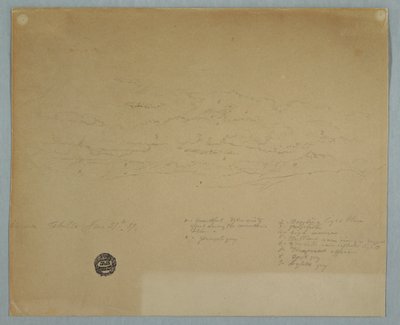 Zeichnung, Regen fällt aus einem bewölkten Himmel über Bergrücken, Hacienda Chillo, Ecuador, 27. Juli 1857 von Frederic Edwin Church