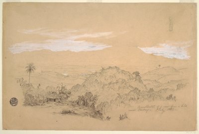Erinnerungen an eine Aussicht von einem Hügel in der Nähe von Cartago, Kolumbien mit einer Frau, die einen Wasserkrug auf dem Kopf trägt, Juli 1853 von Frederic Edwin Church