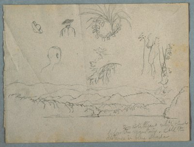 Flussufer mit Bergen und Wolken, drei botanische Skizzen und Büstenstudien von Männern mit Hüten, 1853 von Frederic Edwin Church