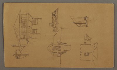 Zeichnung, Holzhaus, Zwei Segelboote, Dachstudien, möglicherweise 1868 von Frederic Edwin Church