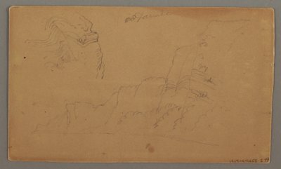 Zeichnung, Holzhaus, Zwei Segelboote, Dachstudien, möglicherweise 1868 von Frederic Edwin Church