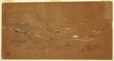 Tal mit einer Brücke und Häusern, nahe Guaranda, Ecuador, 5. Juni 1857 von Frederic Edwin Church