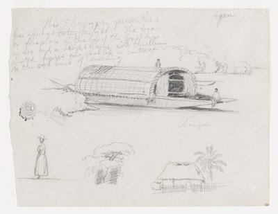 Skizzen aus Kolumbien: Flussfahrzeug (Champan), eine Frau, Baumgruppe, ein Haus von Frederic Edwin Church