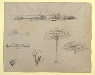 Skizzen aus Kolumbien: Flusslandschaft, Männer auf Flößen und Bäume von Frederic Edwin Church