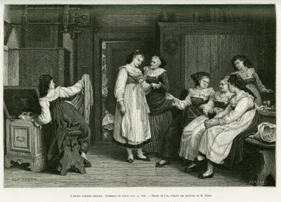 Die alte elsässische Tracht. Gravur von Lix, nach einem Gemälde Present de Noces von Pabst, zur Illustration der Geschichte A Travers l